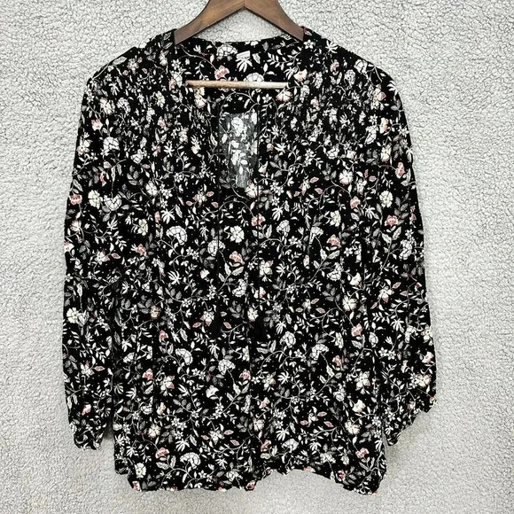 Old Navy ditsy floral top womens large black‎ oversized tassel cottagecore boho - Picture 1 of 7